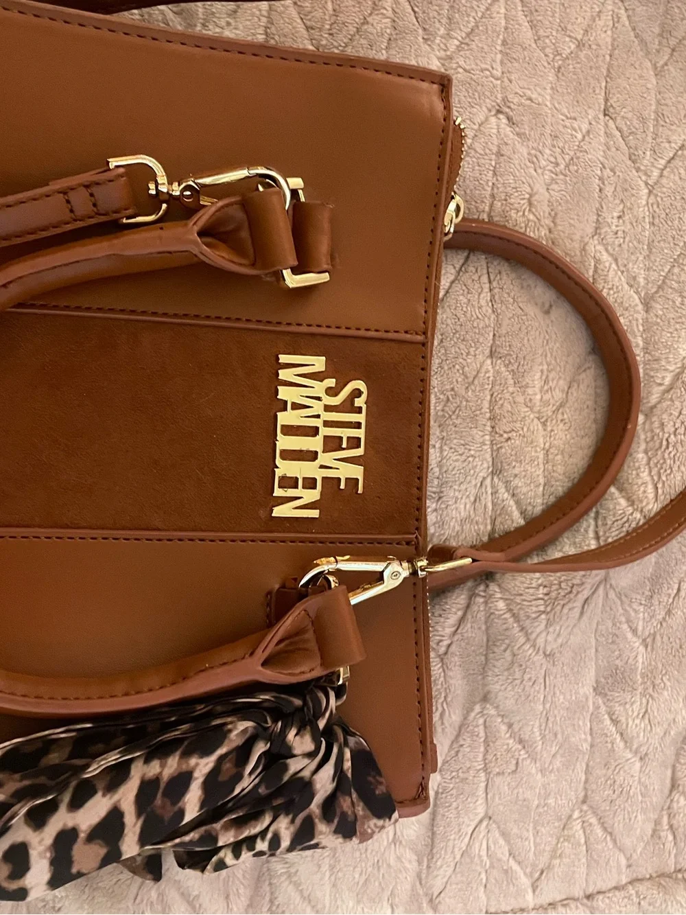 Steve Madden Tan Leather & Suede Satchel with Gold Hardware